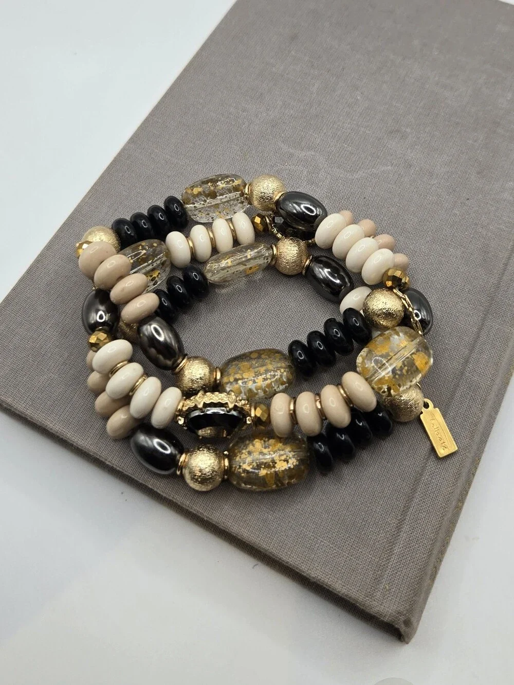 Mixed Metals Chunky Rondelle Beads Bracelet Stack Talbots Gold Fleck Boho Beachy